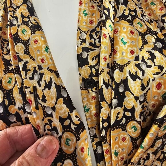 Marlis Petite 90s Satiny Black Gold Double Breast Blouse Size 4P Shawl Collar - Picture 9 of 10